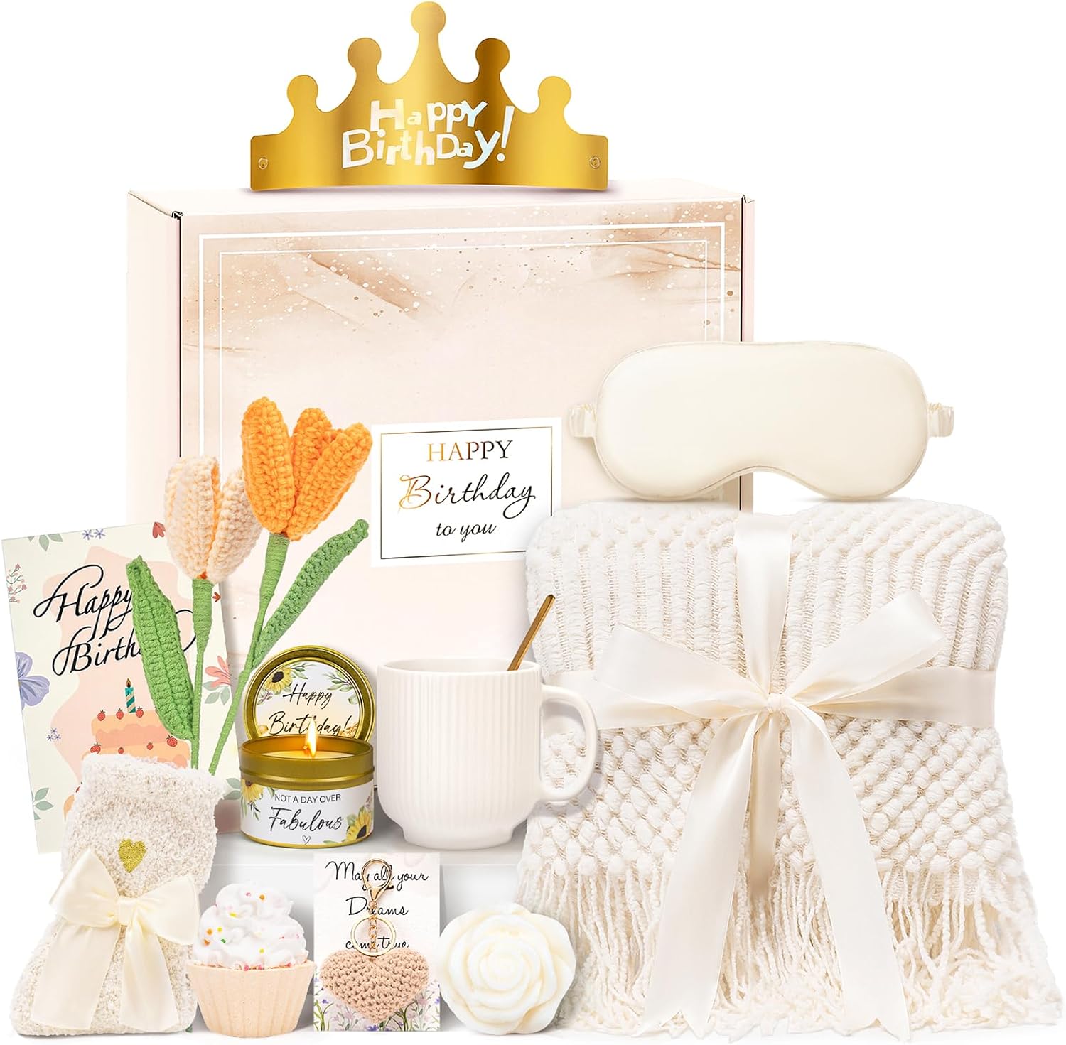Birthday Gifts for Women - 13PCS Unique Happy Birthday Easter Gifts Basket for Mom Her Best Friend Sister Wife Girlfriend Coworker - Relaxing Spa Self Care Package Mothers Day Set (Beige)