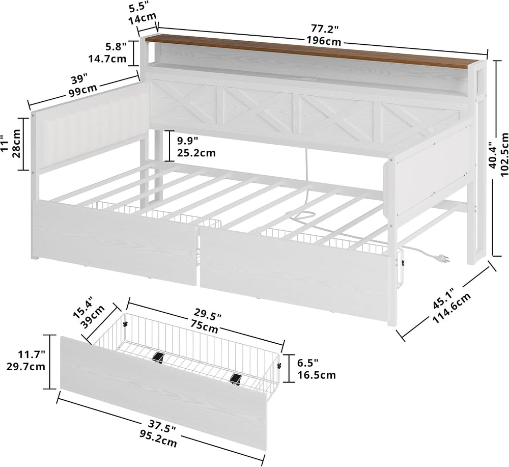 IRONCK Twin Daybed with Storage Drawers, Charging Station, White