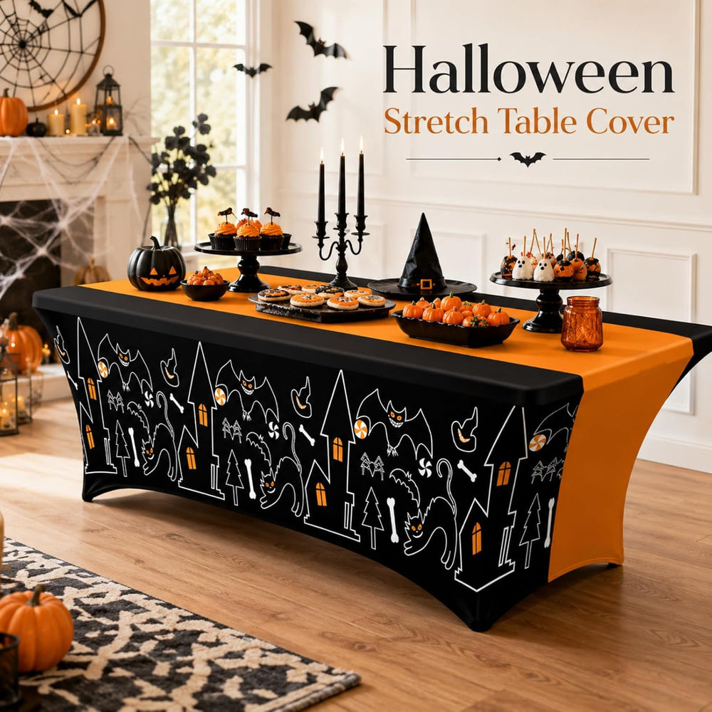 Oudain 2 Pcs Halloween Tablecloth 6 ft Black Orange Table Cover