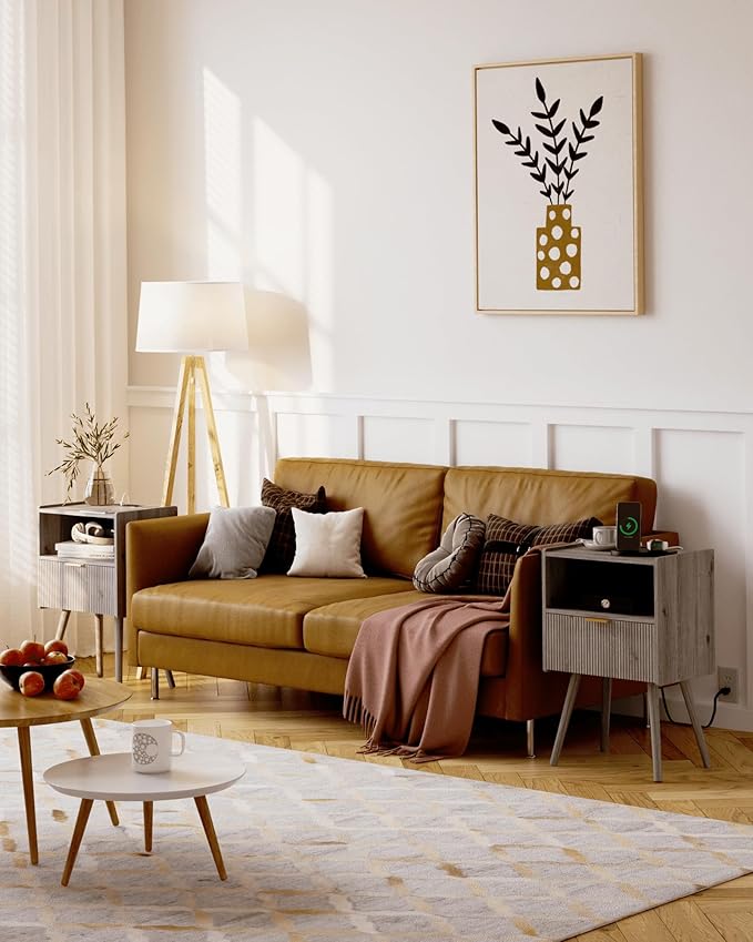 Nightstand with Outlet,Modern Bedside Table with Storage Drawer and Open Wood...