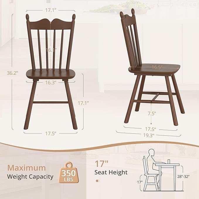LUE BONA Wooden Dining Chairs Set of 2, Windsor Dining Chair with Thickened B...