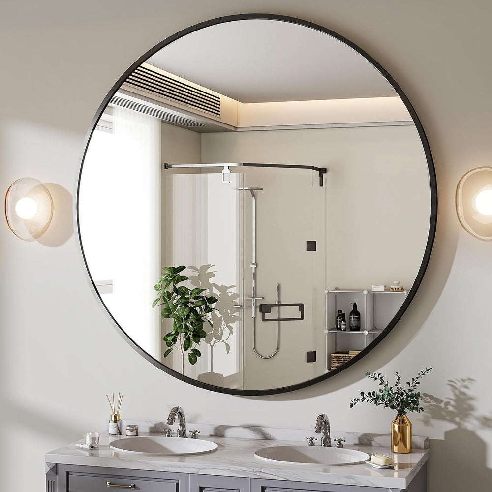 BEAUTYPEAK 30 Inch Round Mirror, Metal Frame Circle Mirror, Black