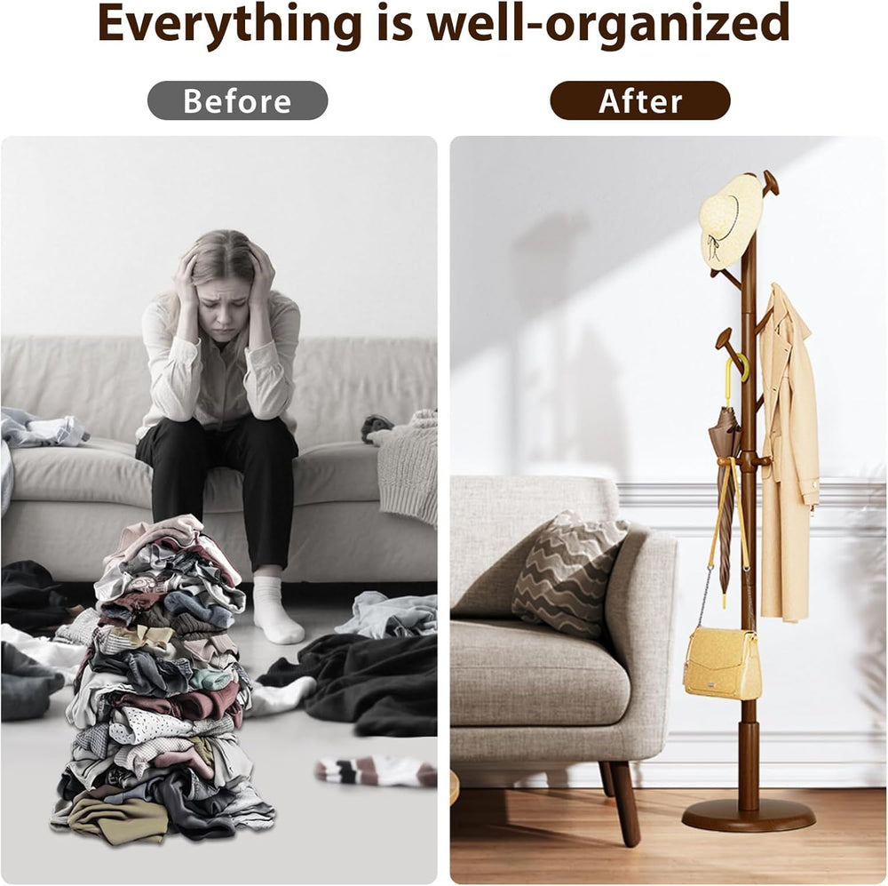 Taitiy Solid Wood Coat Rack Freestanding Coat Tree with 10 Hooks for Bedroom,...