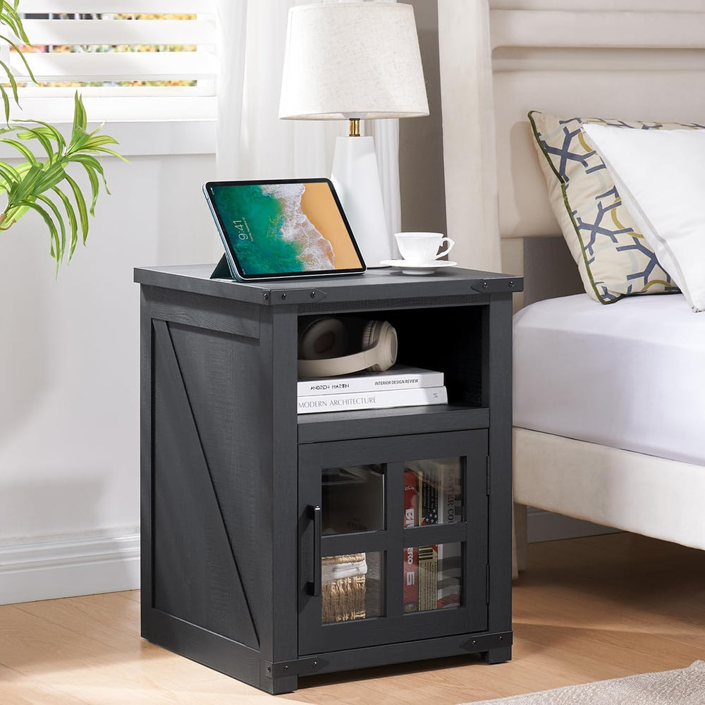 Farmhouse Nightstand with Charging Station, Rustic End Table with Tempered Gl...