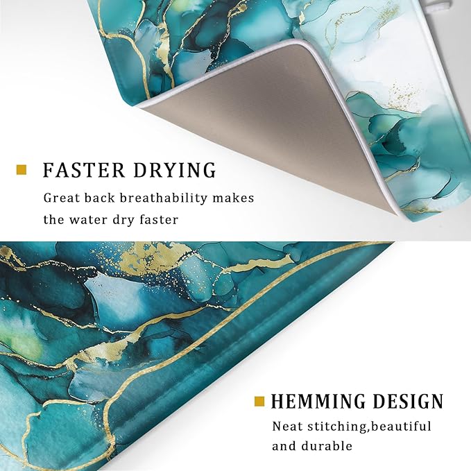 Giwawa Teal Marble Dish Drying Mat Turquoise Blue Marbling Print Dish Drainer - Image 3