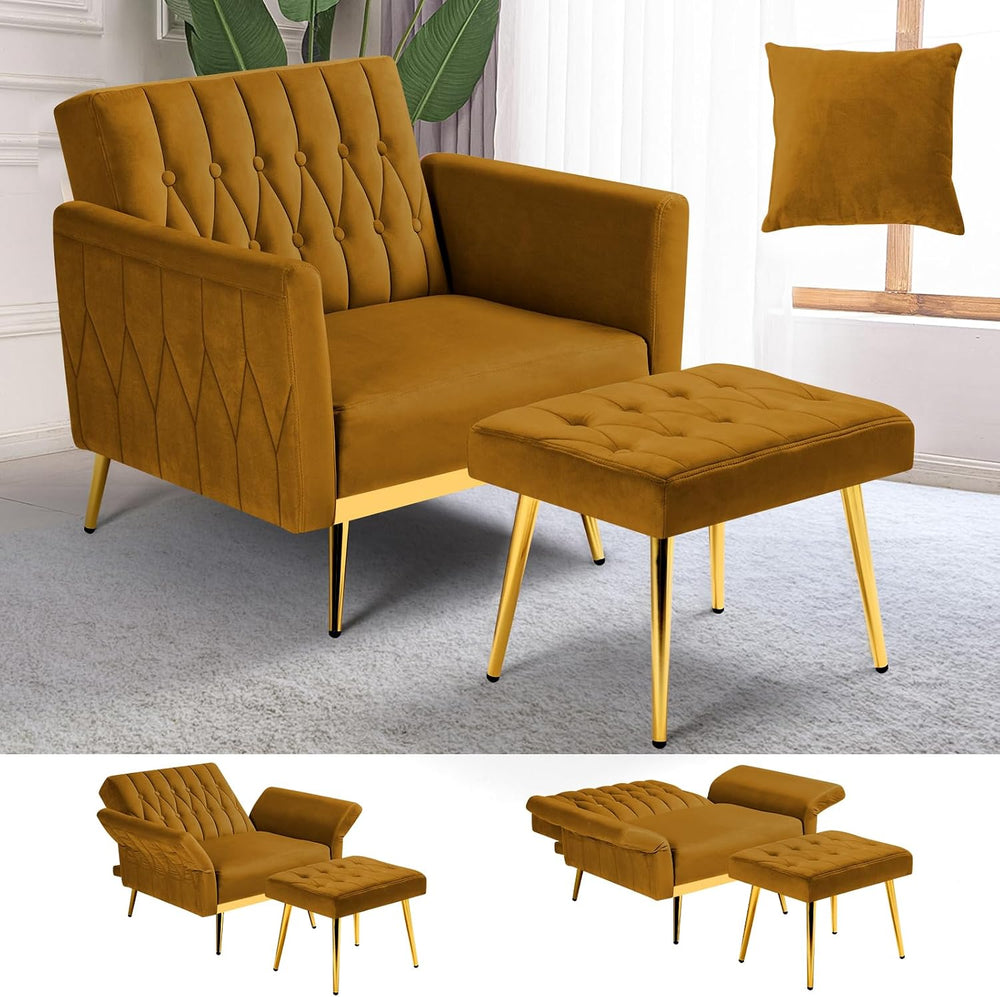 Velvet Accent Chair w/Ottoman & Adjustable Backrest, Ginger