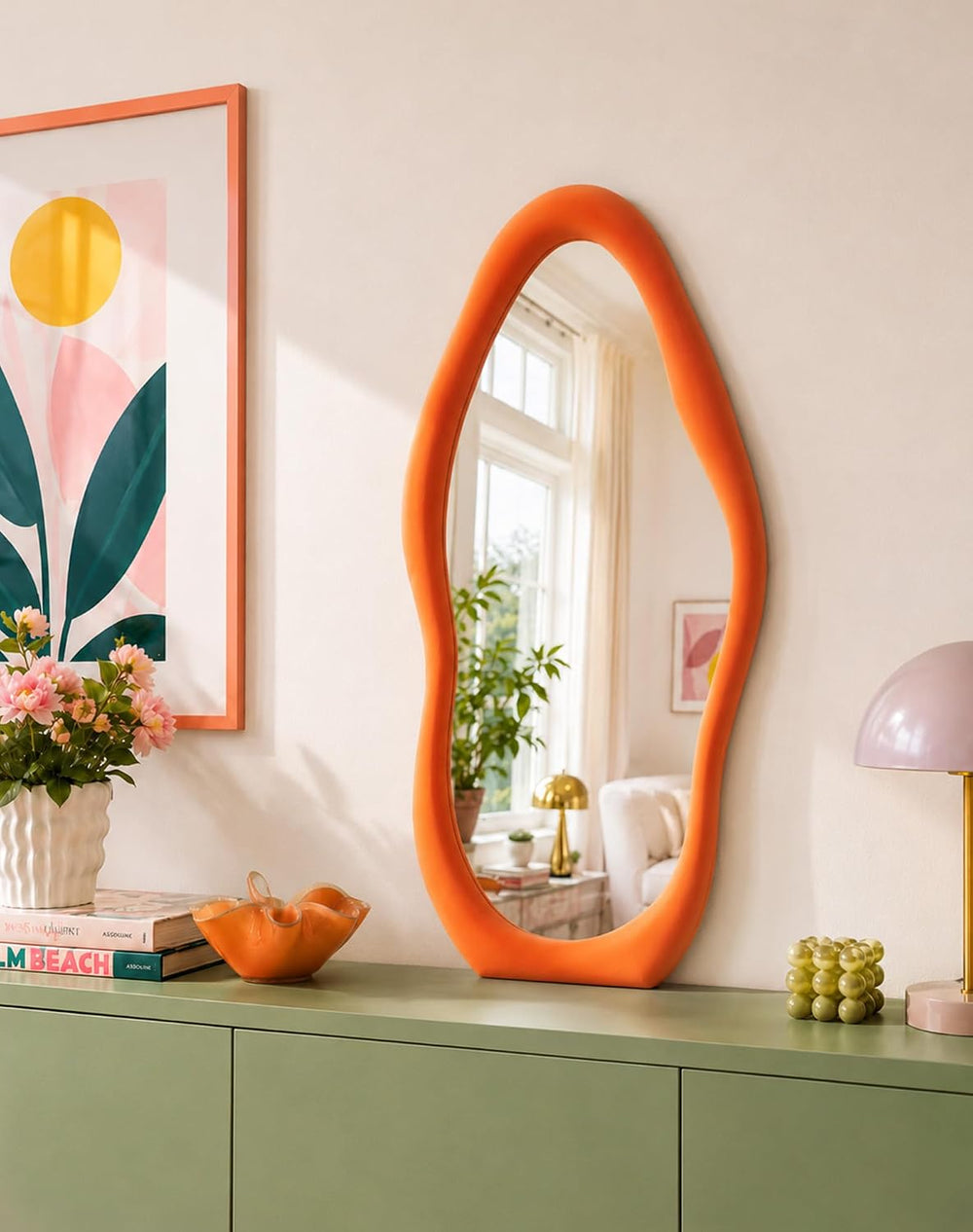 Wavy Decorative Wall-Mounted Mirror for Bathroom Decor,30x14,Orange