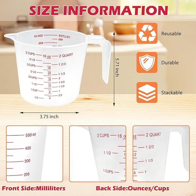 16 Pcs 2 Cup Capacity Plastic Measuring Cup, 16 Oz/500 ml Clear Graduated - Image 2
