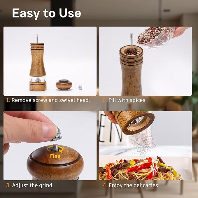Wooden Salt and Pepper Grinder Set, Premium Oak Wood Salt Grinders Shakers - Image 5