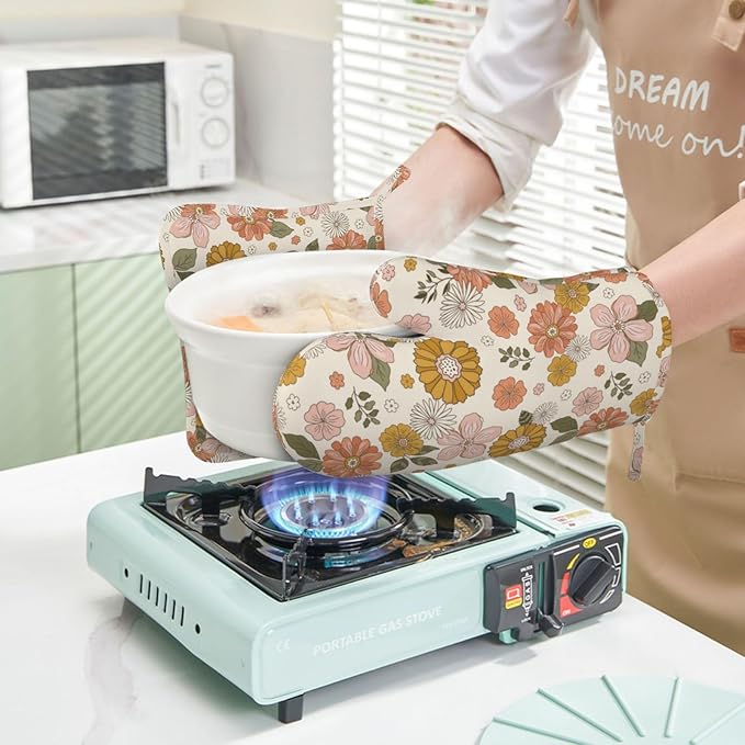 Retro 70s Style Flower Oven Mitts and Pot Holders Set of 4 Silicone Retro Boho - Image 6