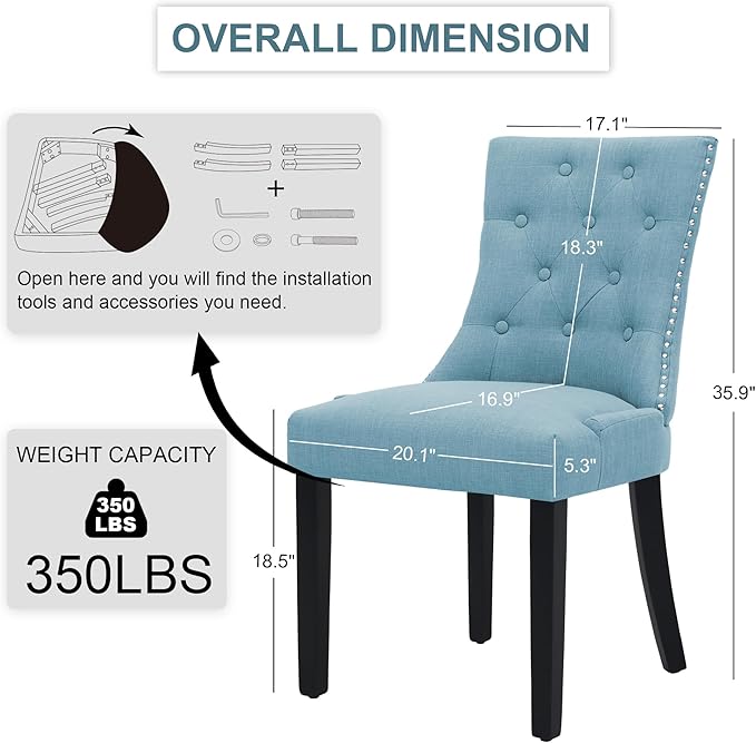 Upholstered Tufted Dining Chairs Set of 2, Fabric Side Dining Room Chairs wit...