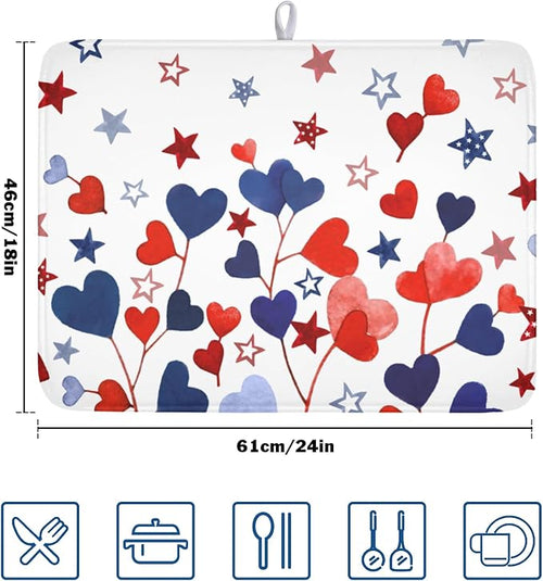 4th of July Dish Drying Mat for Kitchen Counter Patriotic Red Blue Star Love - Image 2