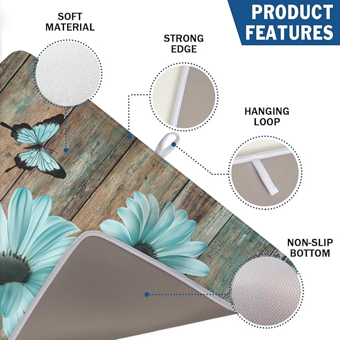 Teal Sunflowers Drying Mat 24x18 Inch, Summer Wooden Board Drying Mat - Image 3