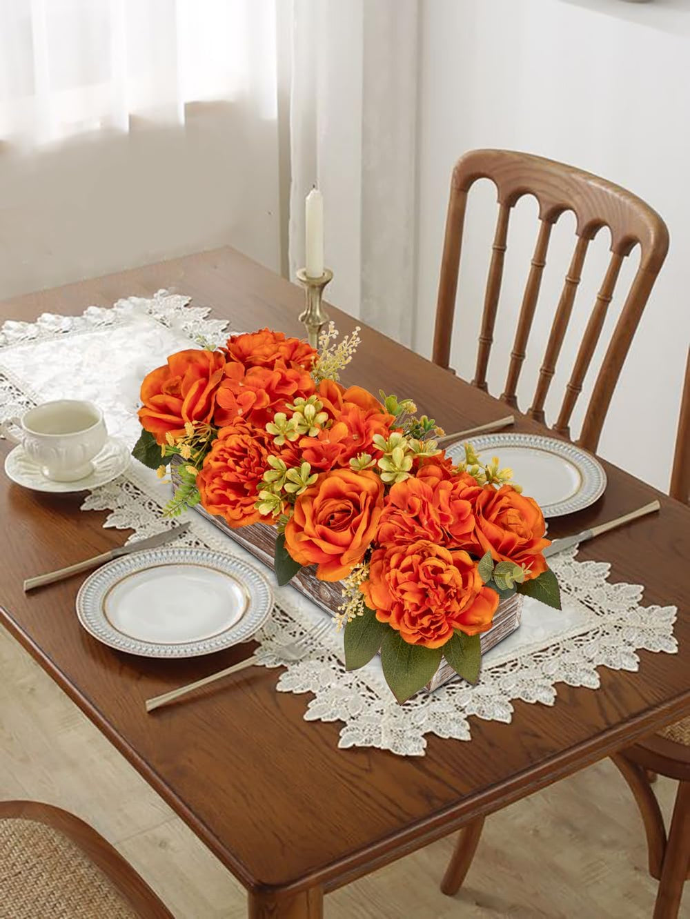 DILATATA Flower Arrangement with Wooden Vase 14" Artificial Flowers in P...