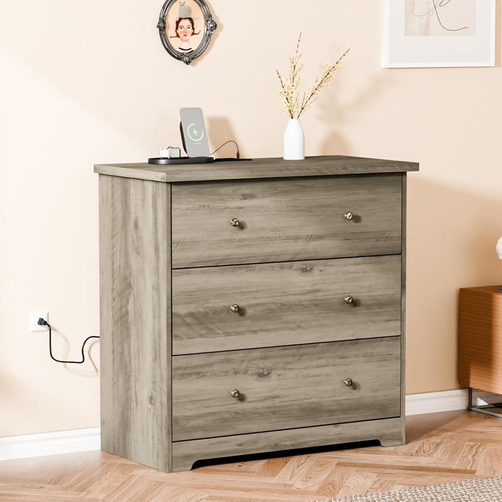 VINGLI 3 Drawer Dresser with Charging Station, Small Dresser Grey Chest of Dr...