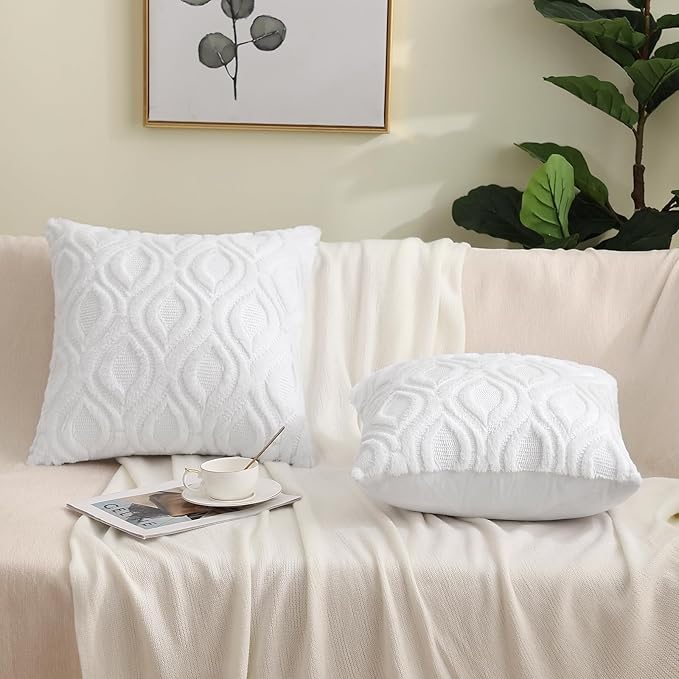 decorUhome Throw Pillow Covers 18x18 Inch Set of 2, Soft Plush Faux Wool White - Image 9