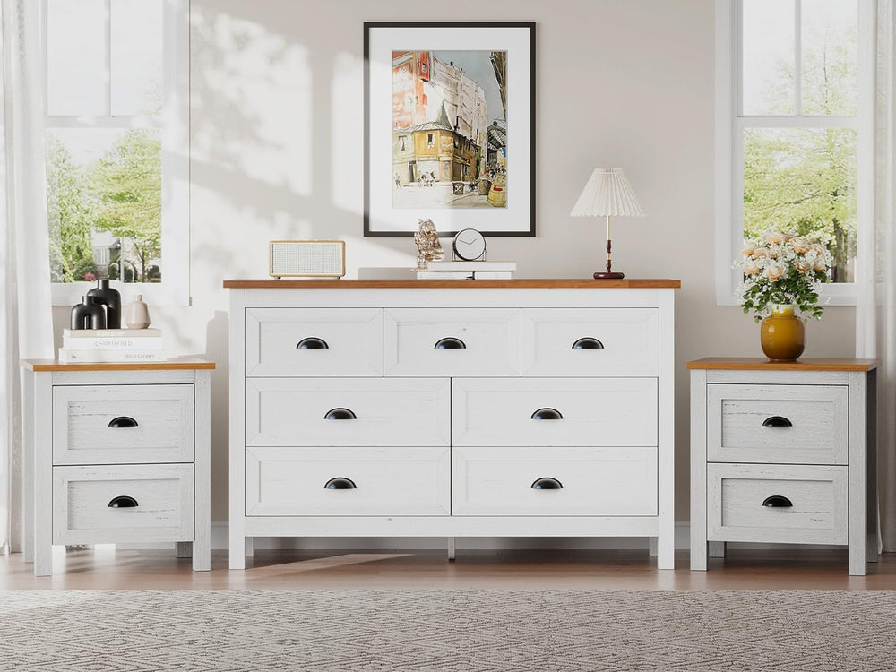 Antique White 7 Drawer Double Dresser & 2 Nightstands, 3 Pcs Bedroom Set