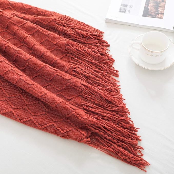 BOURINA Rust Throw Blanket 60x80 Inches Throw Textured Solid Soft Sofa Throw - Image 3