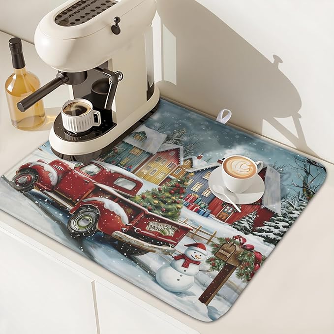 Christmas Dish Drying Mat for Kitchen Counter 18x16 Inch Xmas Red Truck Drying - Image 6