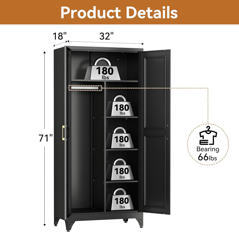 Metal Armoire Wardrobe Closet, 71" Tall Wardrobe Cabinet with 2 Doors