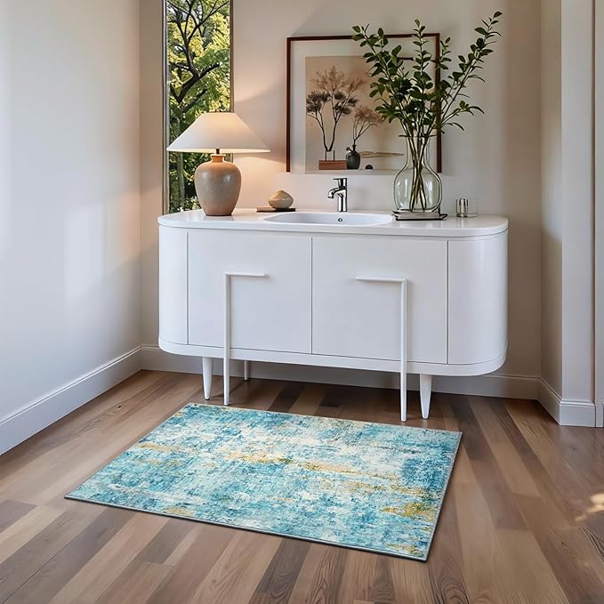 Entrance Rugs Indoor 2x3 Teal Blue Entry Rug Washable Abstract Small Area Rug - Image 3