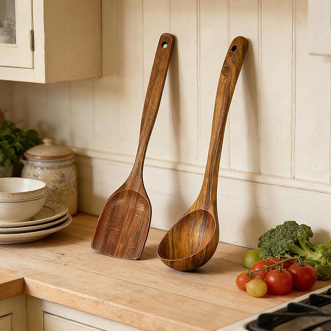 2Pcs Wooden Ladle and Spatula, Natural Acacia Long Handle, Large Capacity - Image 8