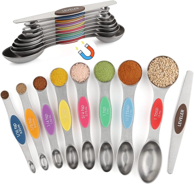 Magnetic Measuring Spoons Set of 9 Dual Sided Stainless Steel Measuring Spoons by YAMOLIN