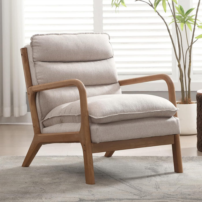 INZOY Mid Century Modern Accent Chair with Wood Frame, Upholstered Reading Armchair with Waist Cushion, Double Padded Accent Chair, Side Chair for Living Room Bedroom Office, Easy Assembly, Beige