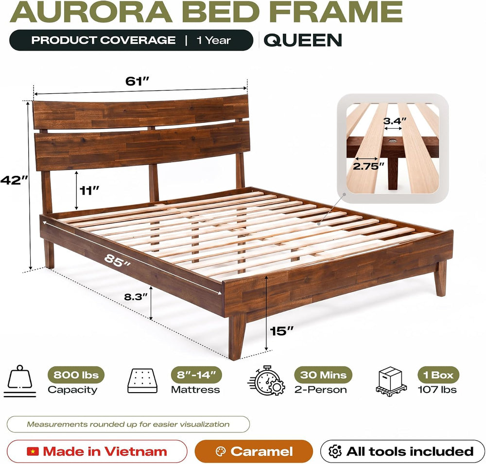 Aurora Acacia Solid Wood Queen Platform Bed Frame with Headboard, Walnut