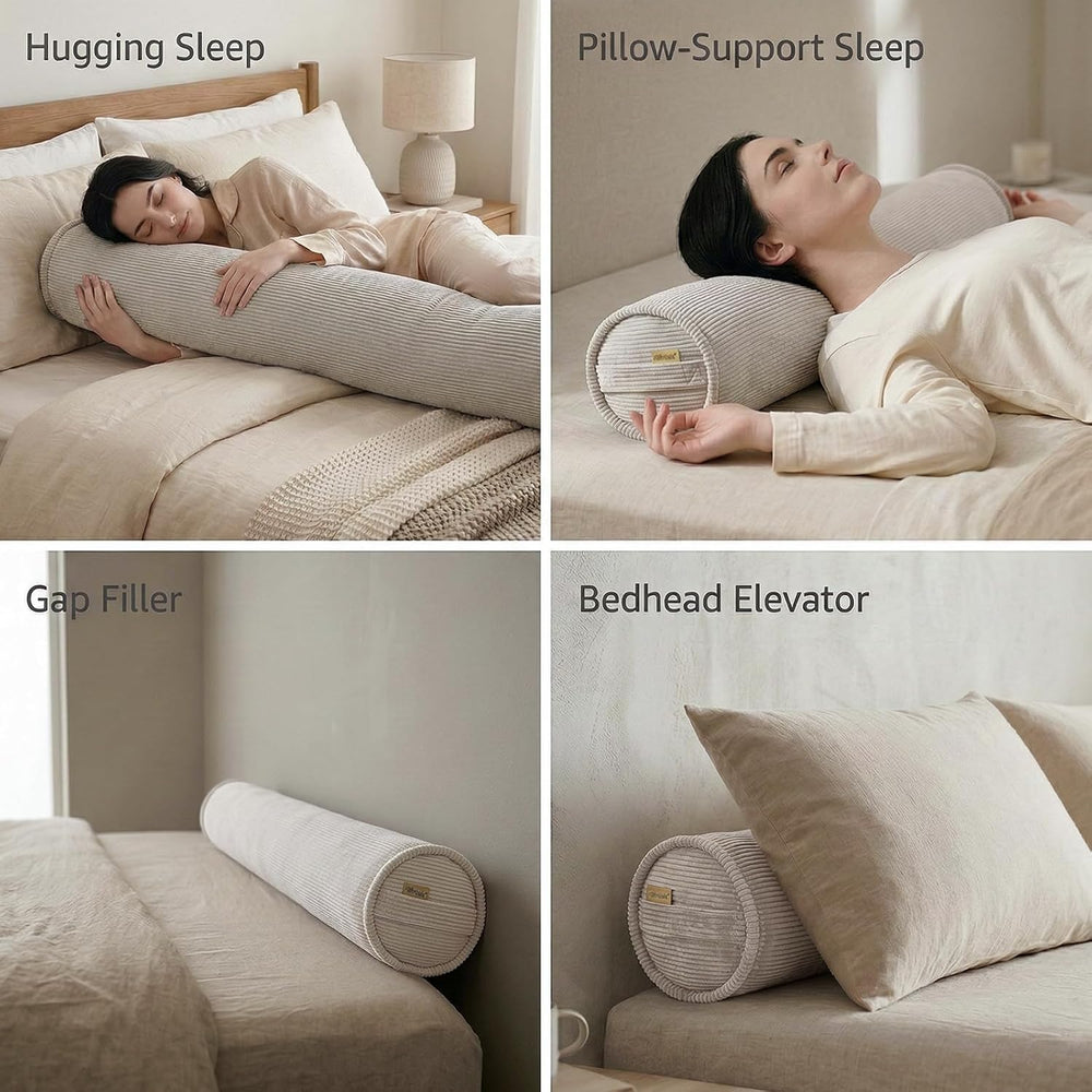 Corduroy Long Pillow for Bed, 39 x 7.87 Inches, Beige Gray
