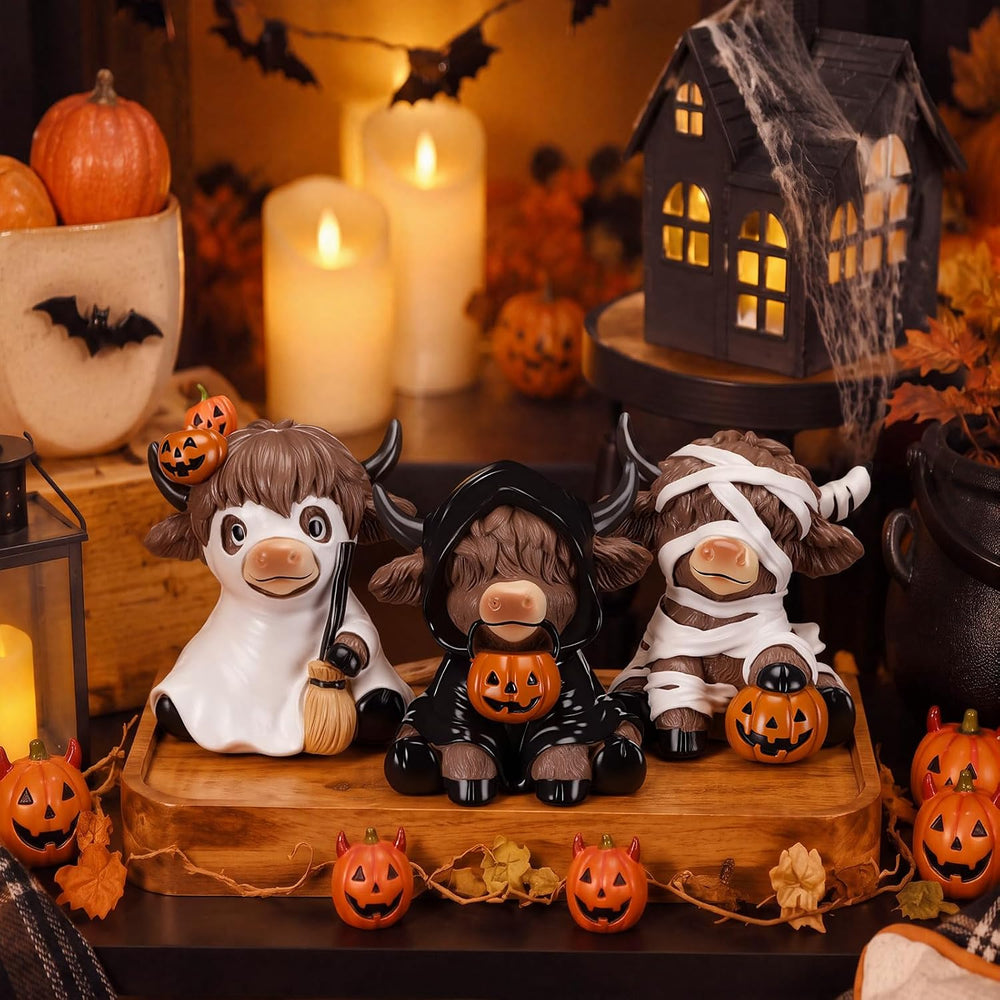 Karenhi 3 Pcs Halloween Highland Cow Figurines, Cute Spooky Ghost Decor