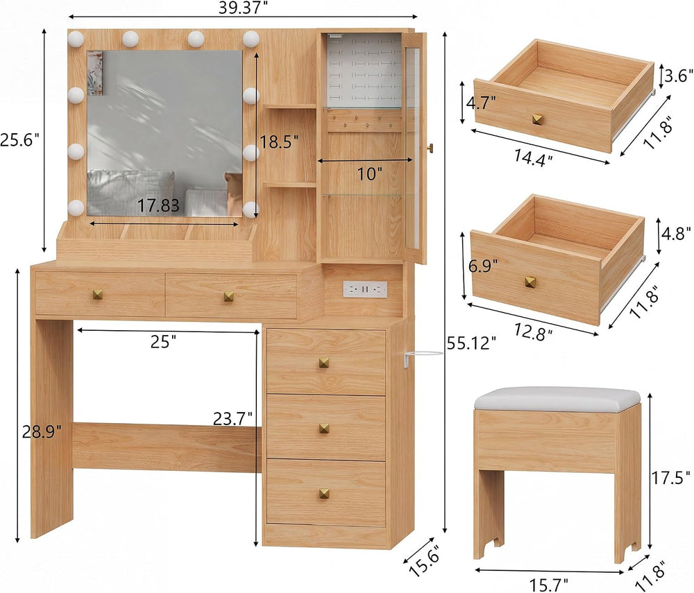 HUANLEGO Vanity Desk with Mirror and Lights & LED Glass Cabinet, Oak | Ma...