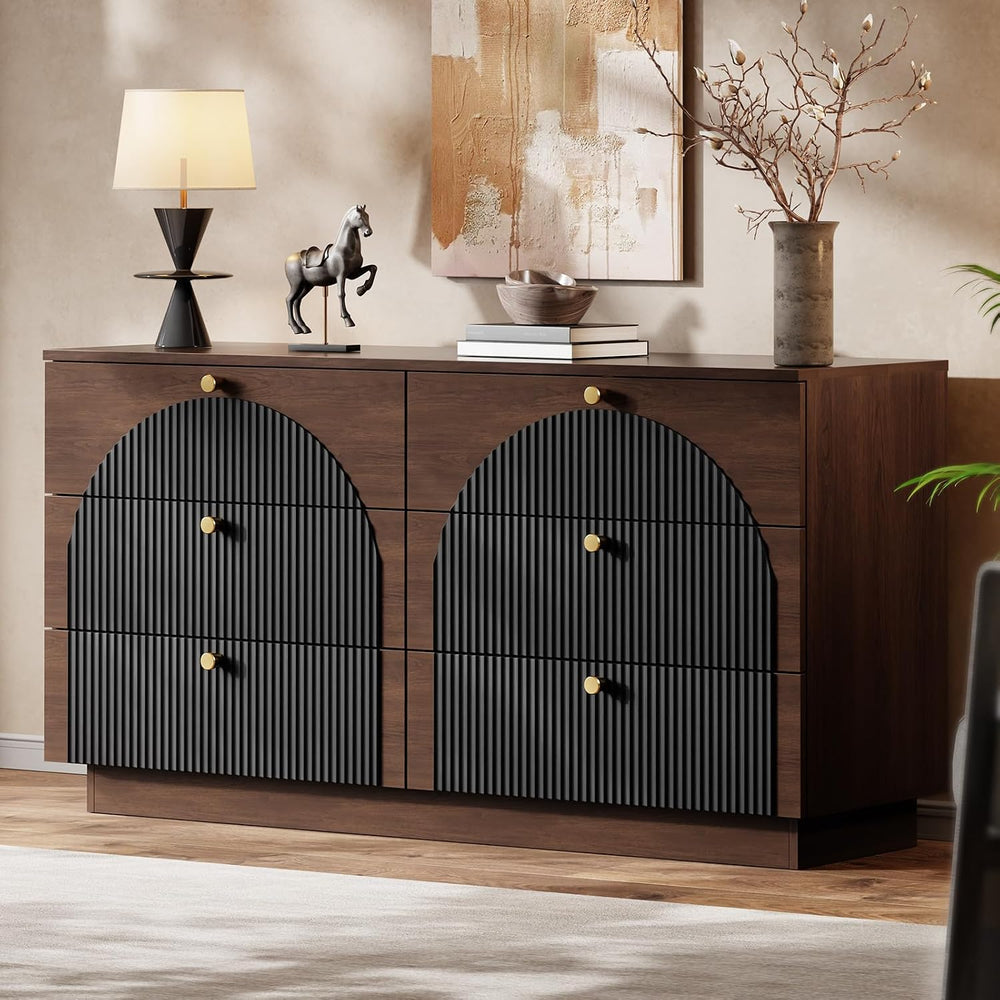 Arched Fluted Dresser for Bedroom 6 Drawers 55" Wide Walnut Black