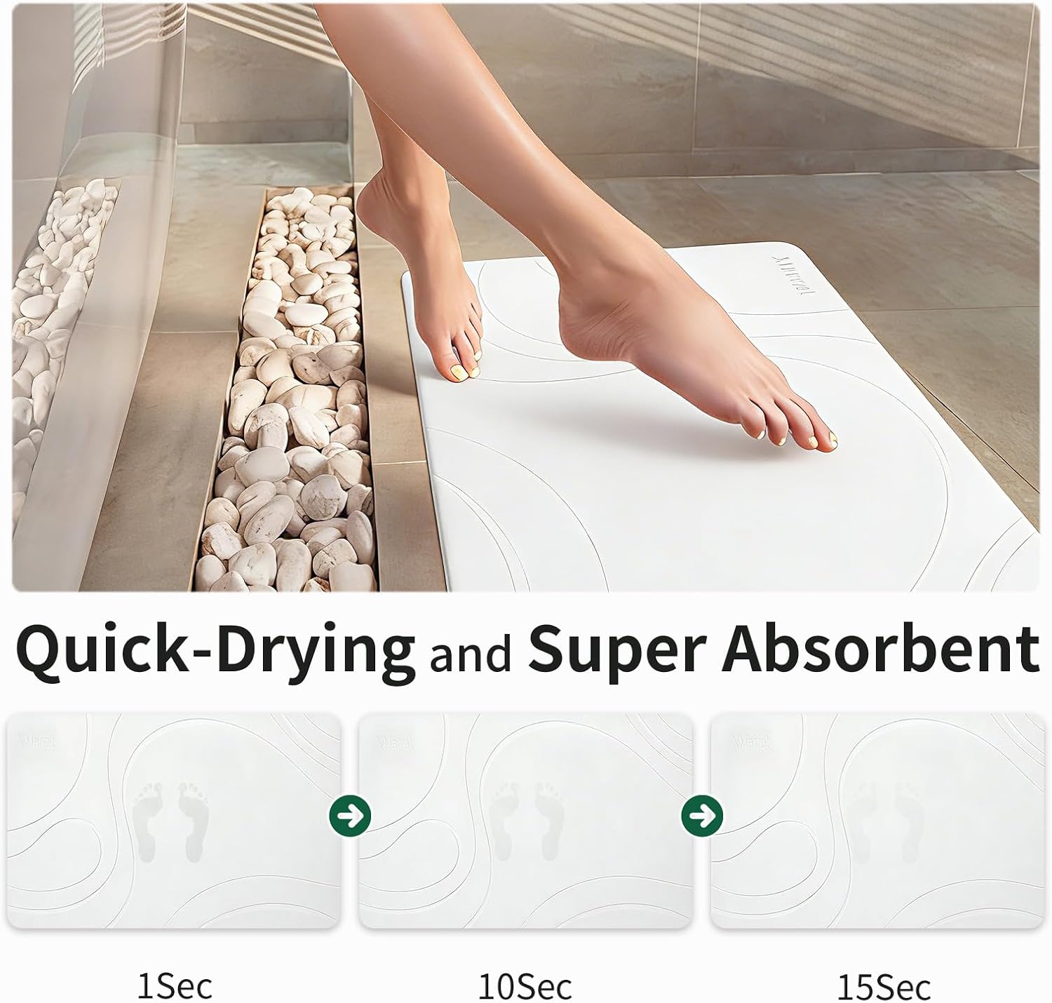 Extra Large Stone Bath Mat, Diatomaceous Earth Mat, 31.5"x19.7" | Super Absorbent, Modern Quick Drying Diatomite Bathmats, Non-Slip Base, Easy Clean for Shower Floor & Bathroom (White)