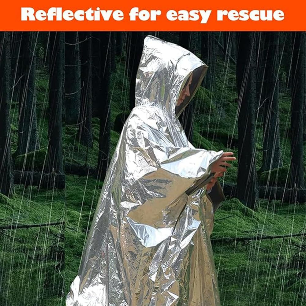 Emergency Survival Poncho (4pc) Thermal Mylar Foil Coating Blanket for Heat R...