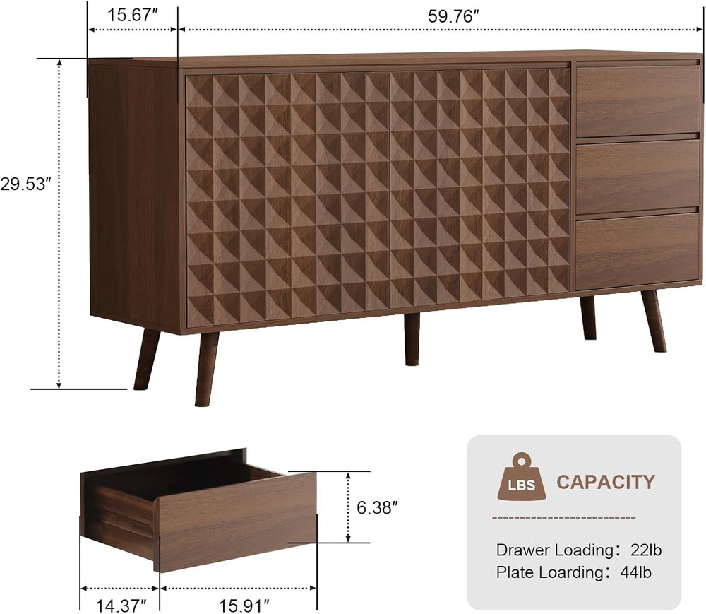 60" Buffet Cabinet with 3 Drawers and 2 Doors, Dark Brown
