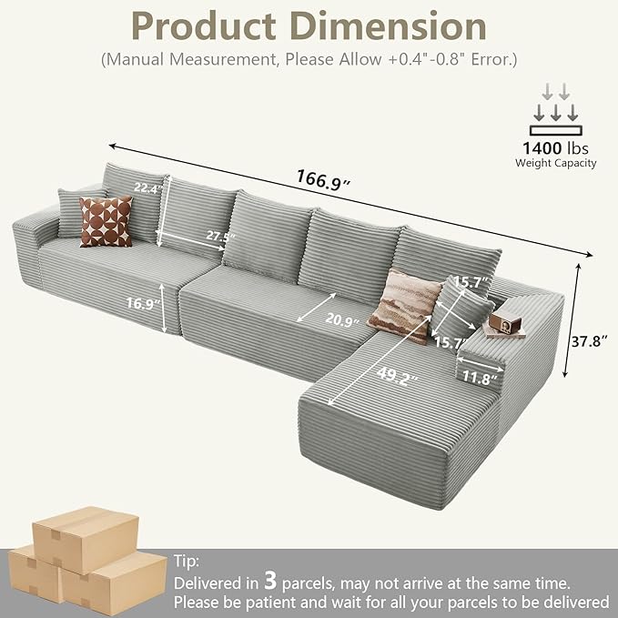 166.9" Cloud Sectional Couch with L-Shape Chaise, Upholstered Corduroy C...