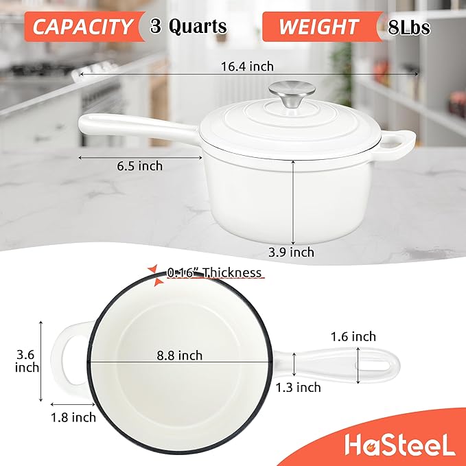 HaSteeL 3 QT Cast Iron Saucepan, Enamel dutch oven - Image 2