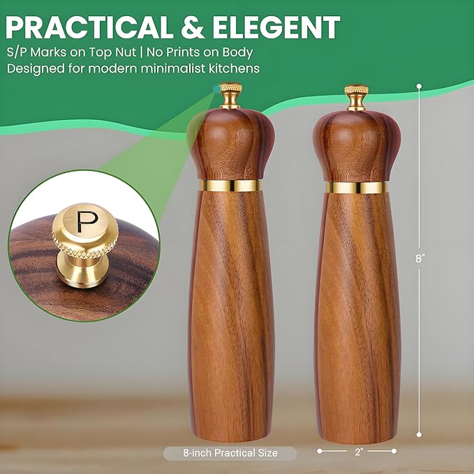 Acacia Wood Salt and Pepper Grinder Set, 8-Inch Manual Pepper Mill Grinder - Image 4