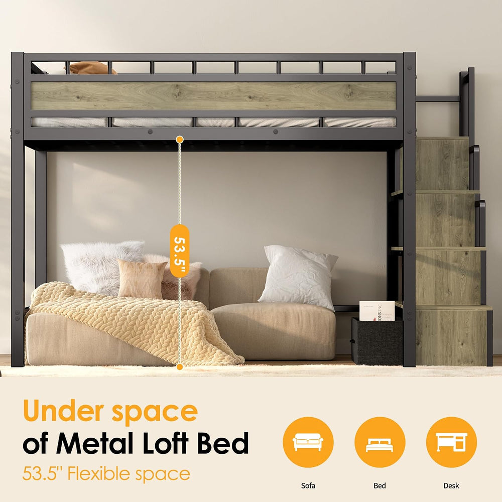 Twin Loft Bed with Stairs, Heavy Duty Metal with Storage, Black
