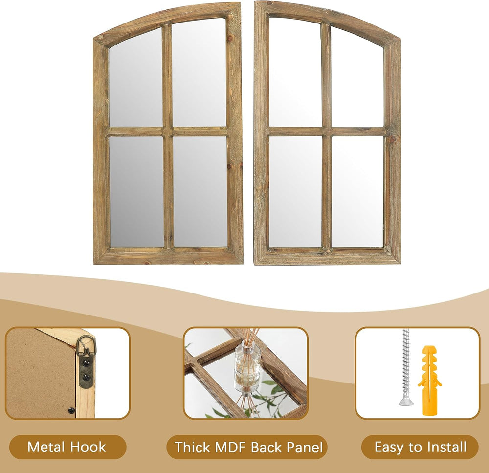 Farmhouse Arched Window Wall Mirrors with Rustic Wood Frame