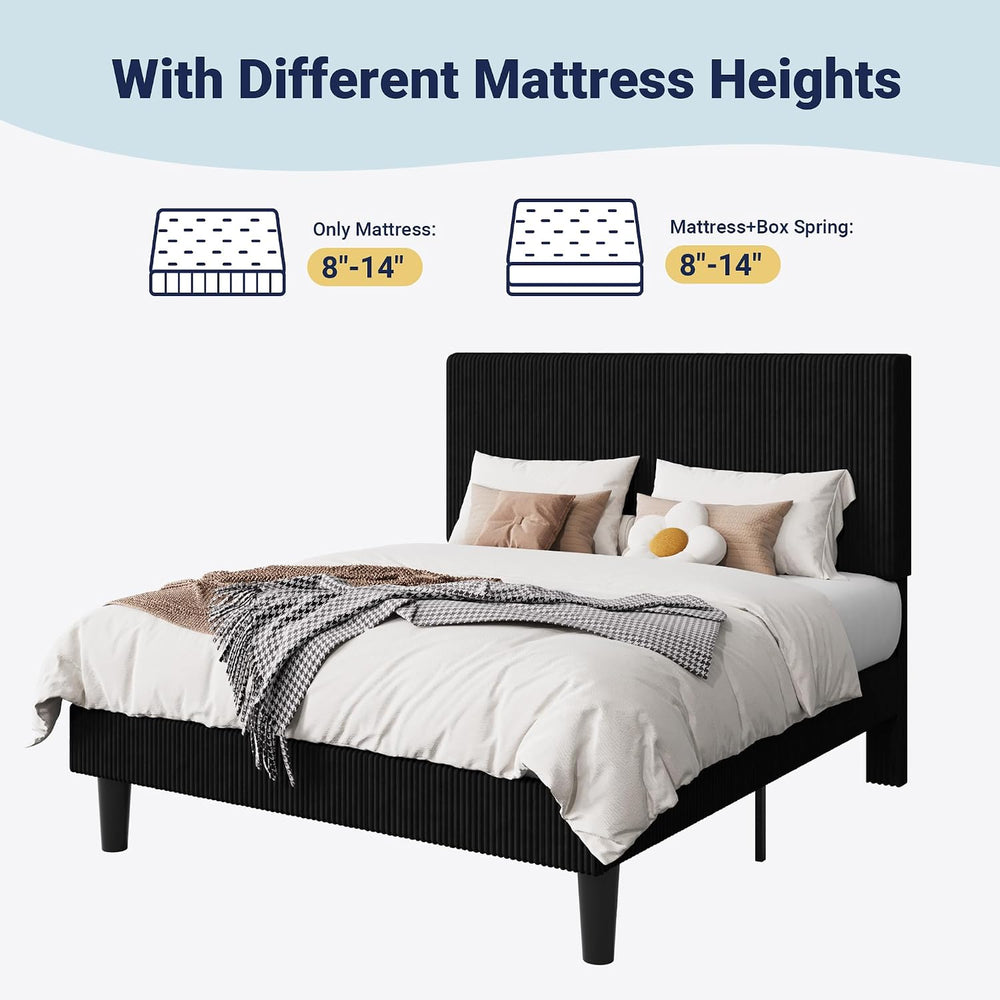Allewie Full Bed Frame, Corduroy Tufted Headboard, Black