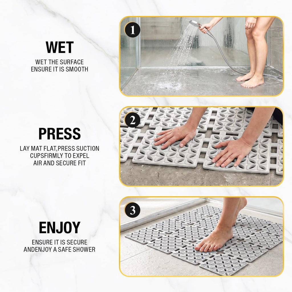 HITSLAM Shower Mat Anti Slip, 24x24 Inch Cut to Fit No Odor Soft TPE Shower Stall Mat, Square Bath Mat with Suction Cups and Drain Holes, Soft on Feet, Grey