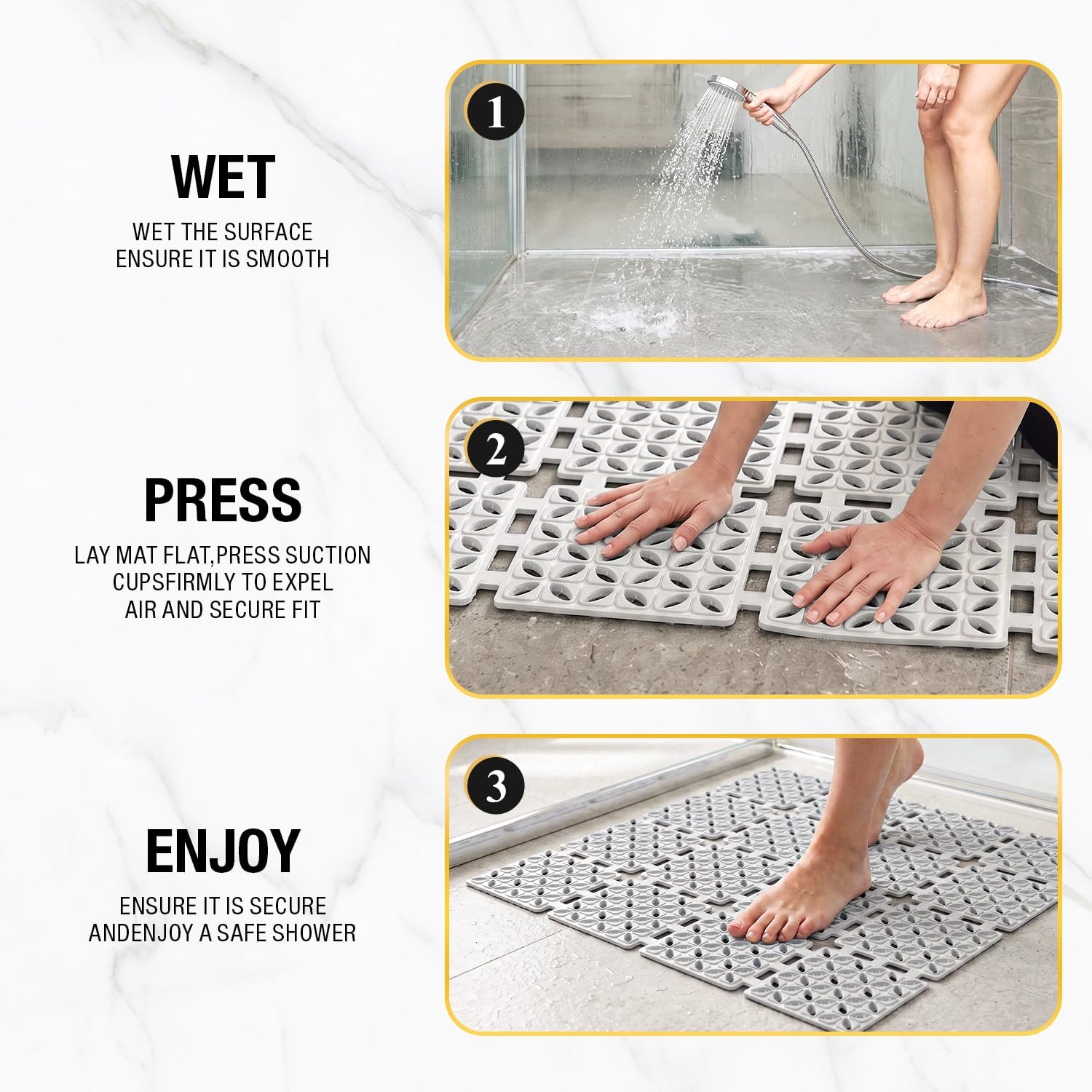HITSLAM Shower Mat Anti Slip, 24x24 Inch Cut to Fit No Odor Soft TPE Shower Stall Mat, Square Bath Mat with Suction Cups and Drain Holes, Soft on Feet, Grey