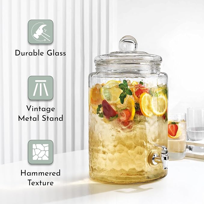 2 PACK 1.5 Gallon Drink dispenser, Classic Hammered Glass Beverage Dispenser - Image 5