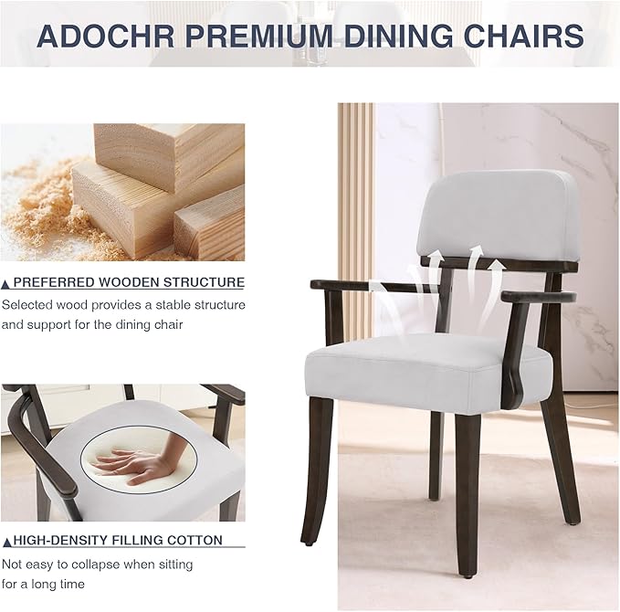 Modern Wood Dining Chairs with Arms Set of 2, Velvet Upholstered Kitchen Chai...