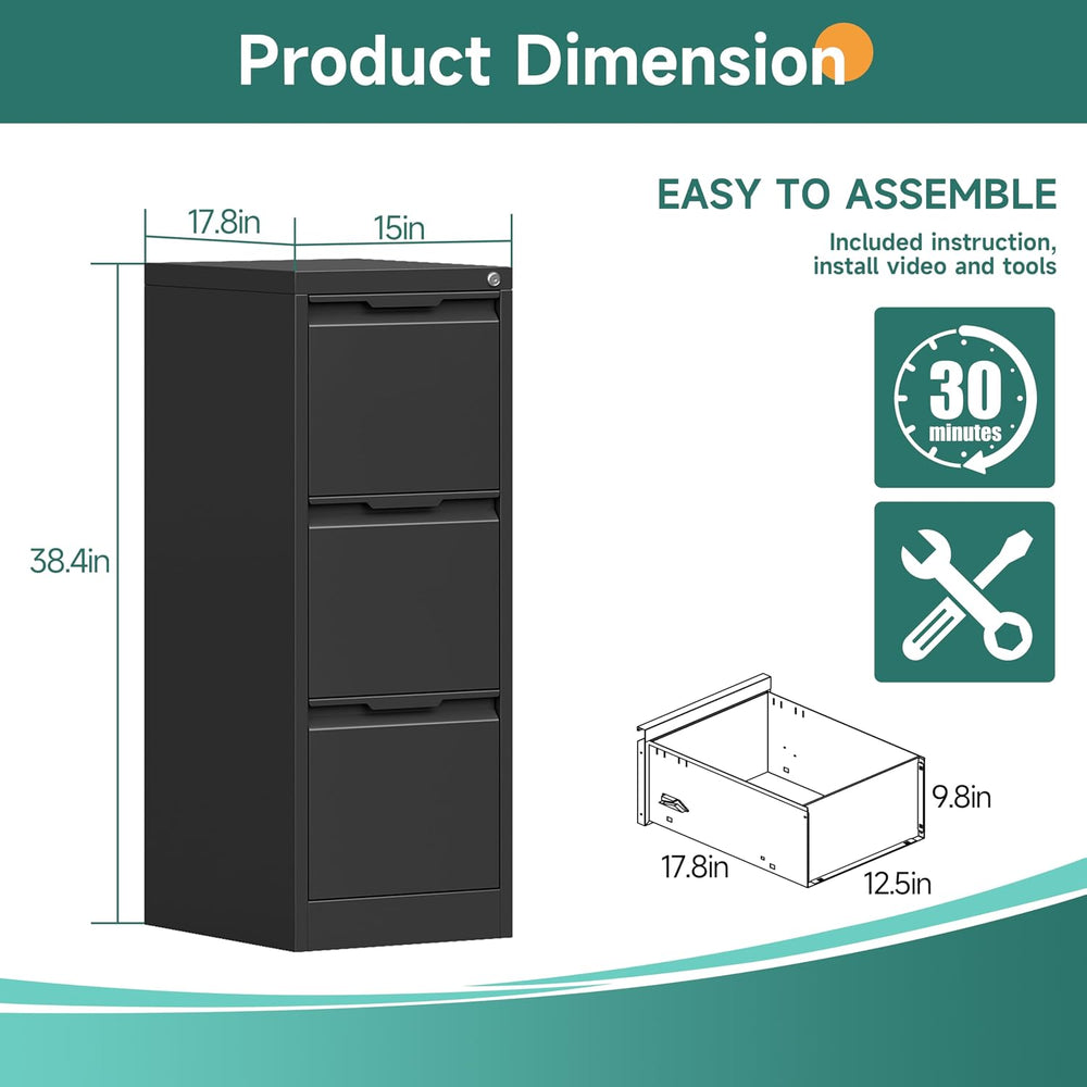 3 Drawer Metal Vertical File Cabinet with Lock for Home Office | 17.8"D ...