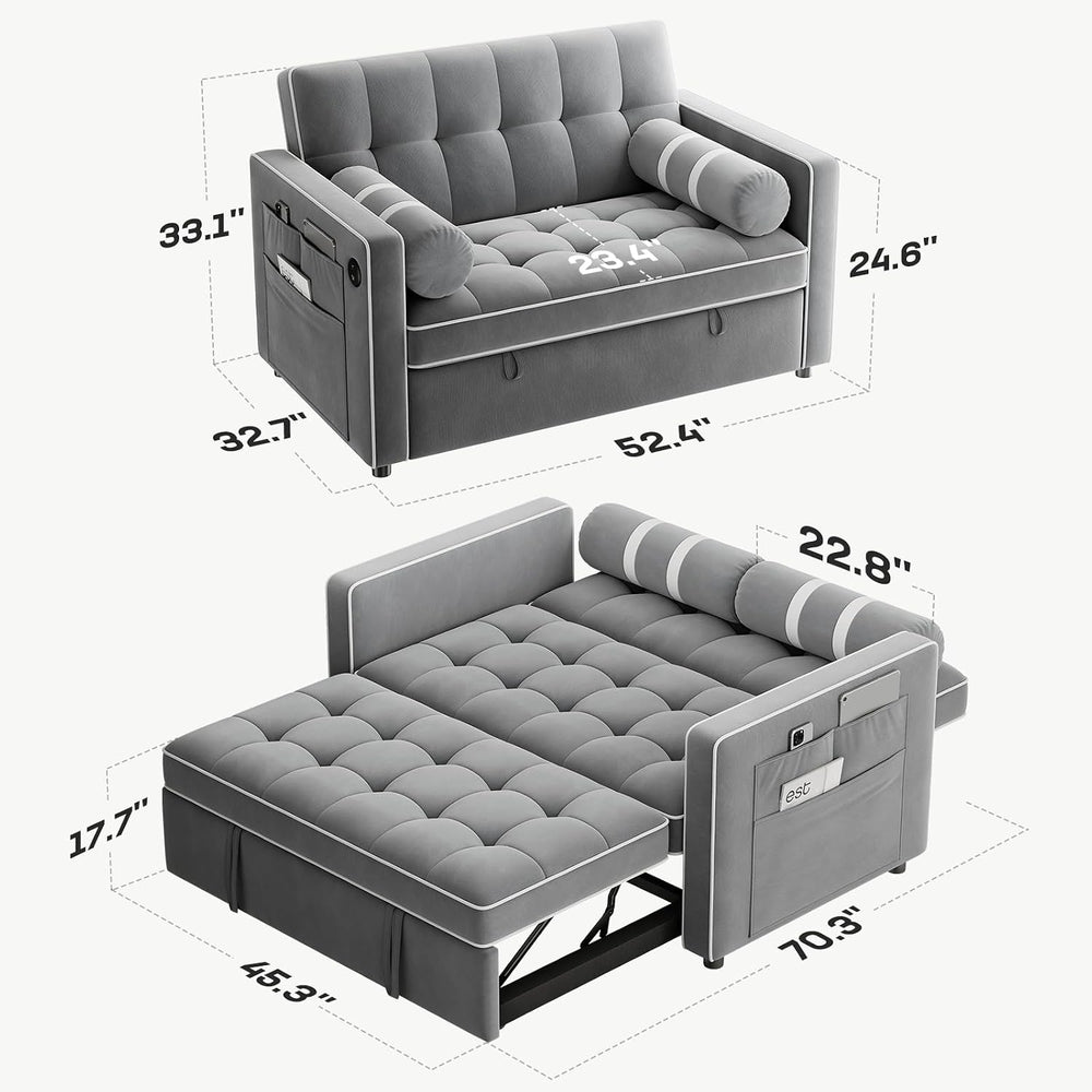 Marsail Futon Sleeper Sofa Bed, Convertible Pull Out Couch, Light Gray