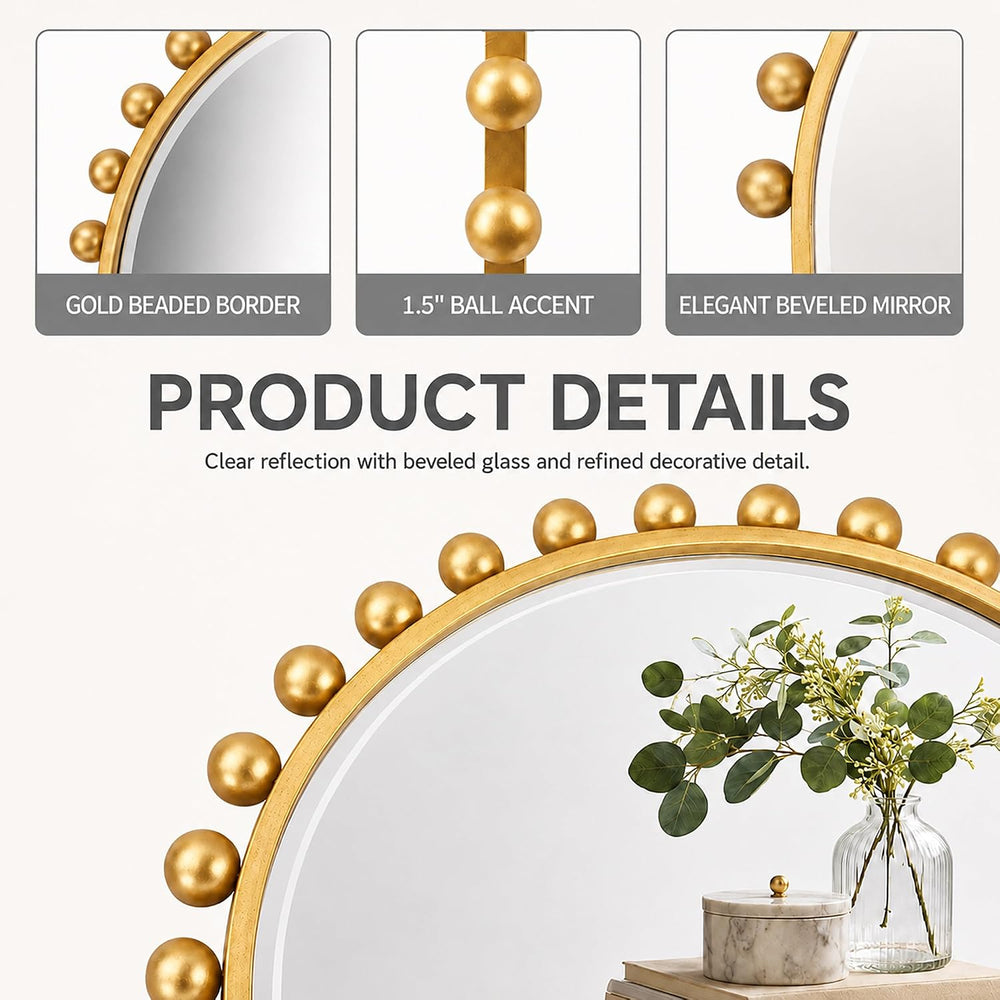 24x36 Inch Arched Wall Mirror, Antique Gold Beaded Beveled Glass