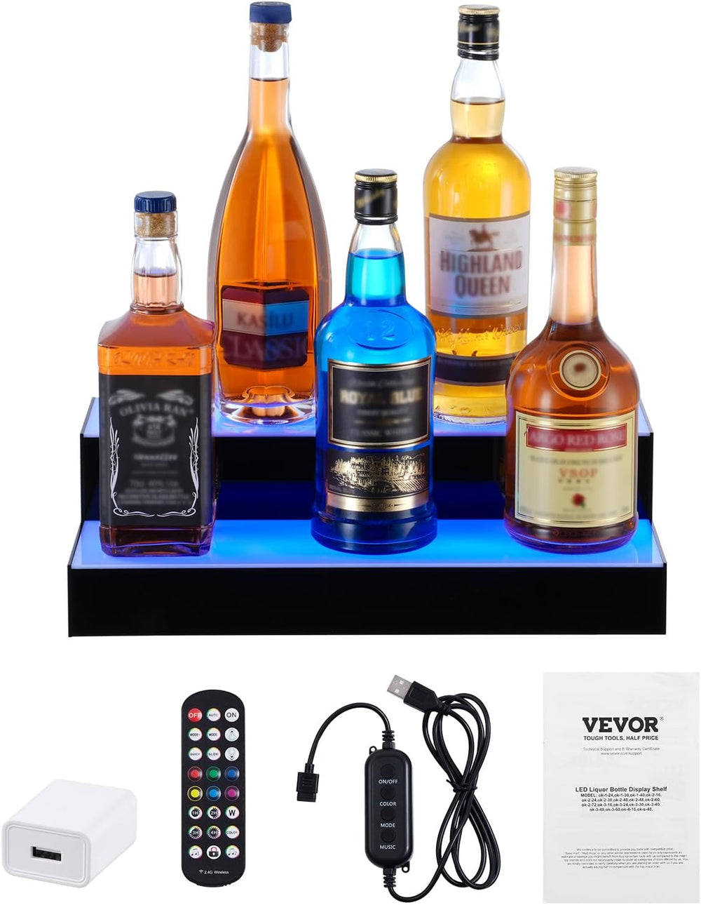 VEVOR LED Lighted Liquor Bottle Display, 2 Tiers 16 Inch Commercial Illuminat...